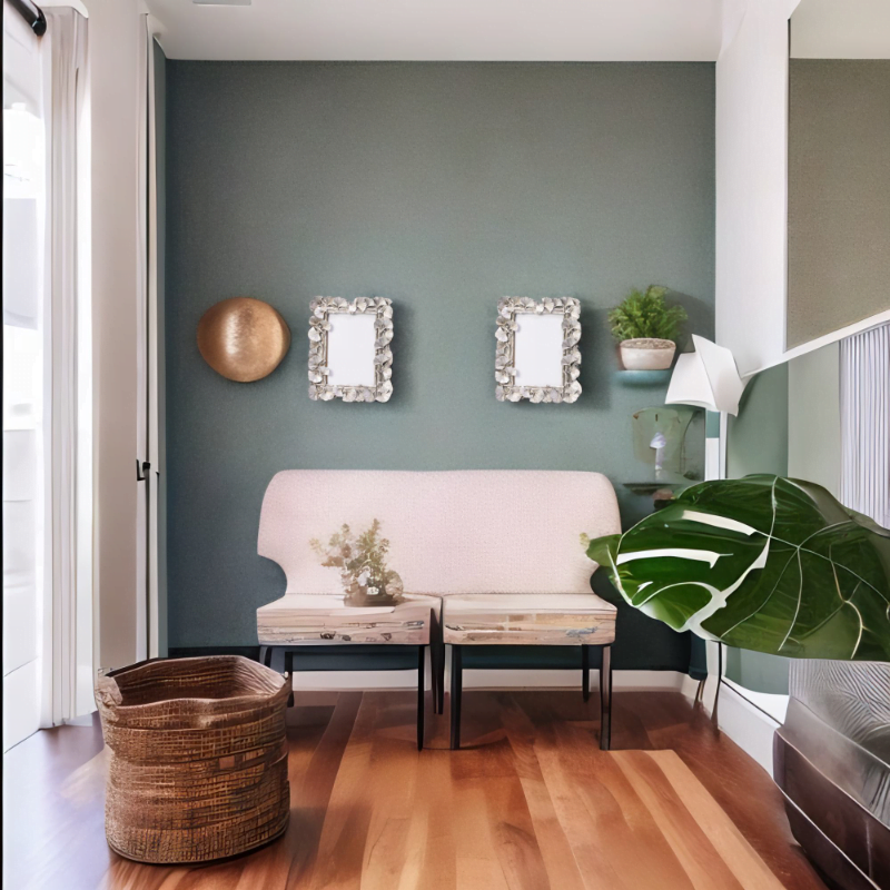 Laura Silver Photo Frame hung in living room with green walls.