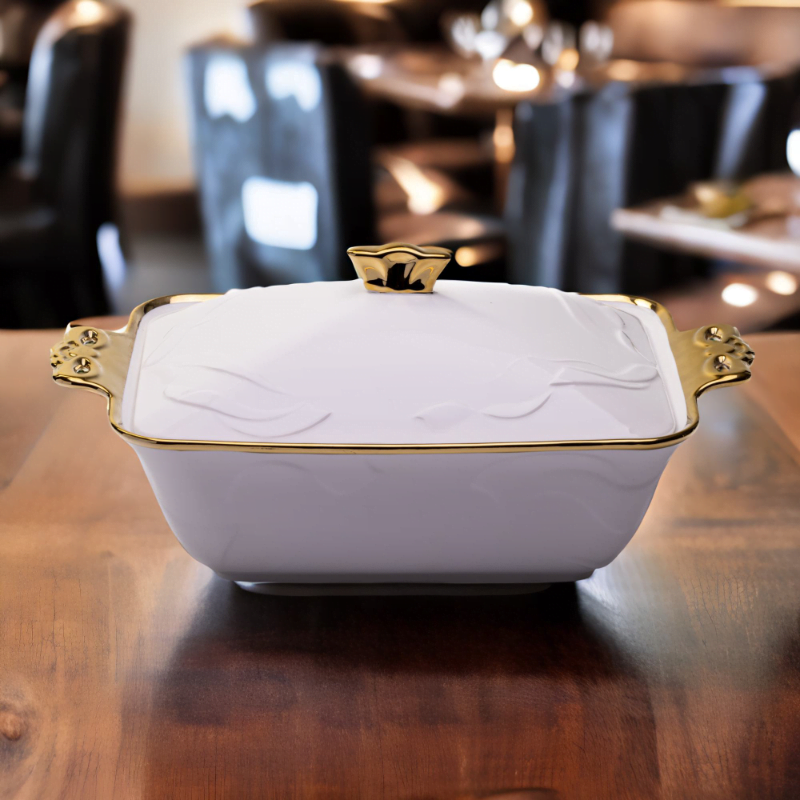 A Deep Ceramic Serving Plate on a table in a restaurant.