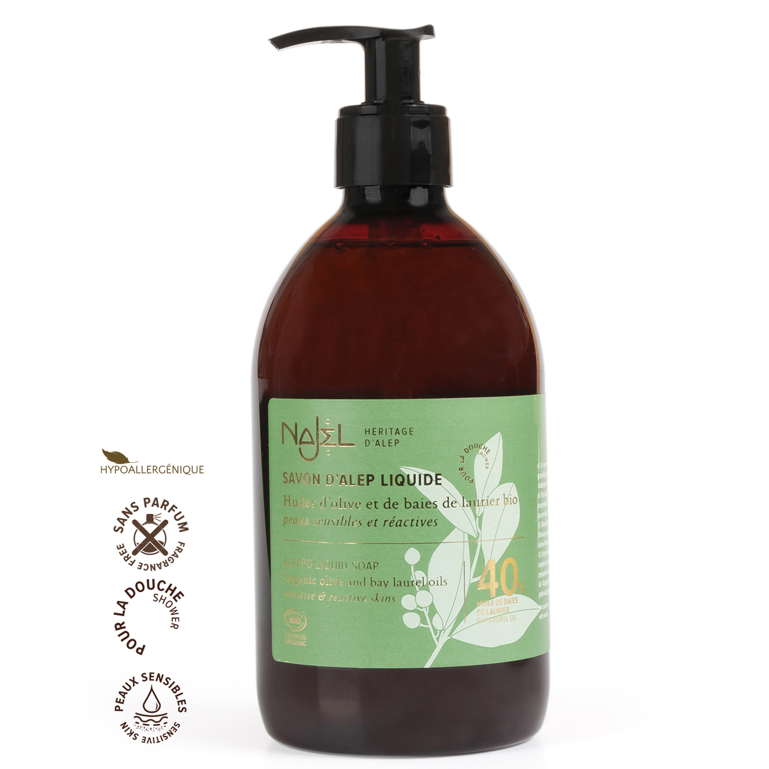 NAJEL COSMOS ORGANIC certified LIQUID ALEPPO SOAP WITH 40% BLO