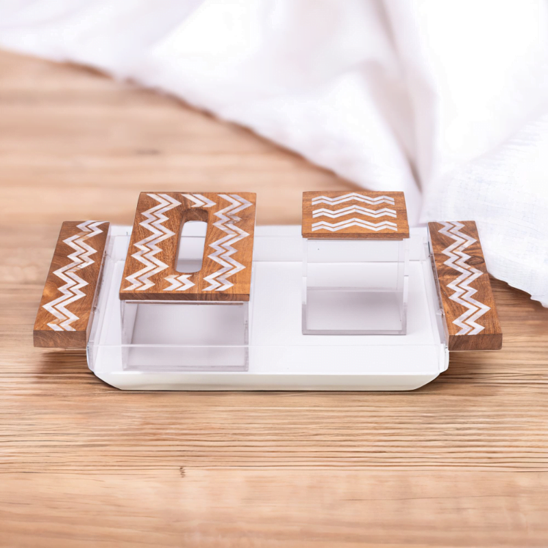 a mother of pearl set with zigzag pattern, includes Tray, tissue box and a cube storage box.