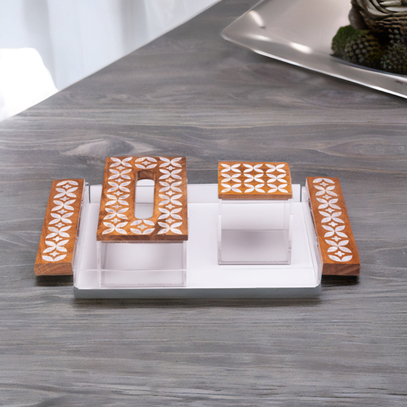 Premium Acrylic and Wood tray adorned with quality mother of pearl inlay, set consists of tray, tissue box and storage box styled with artistic jasmine pattern.