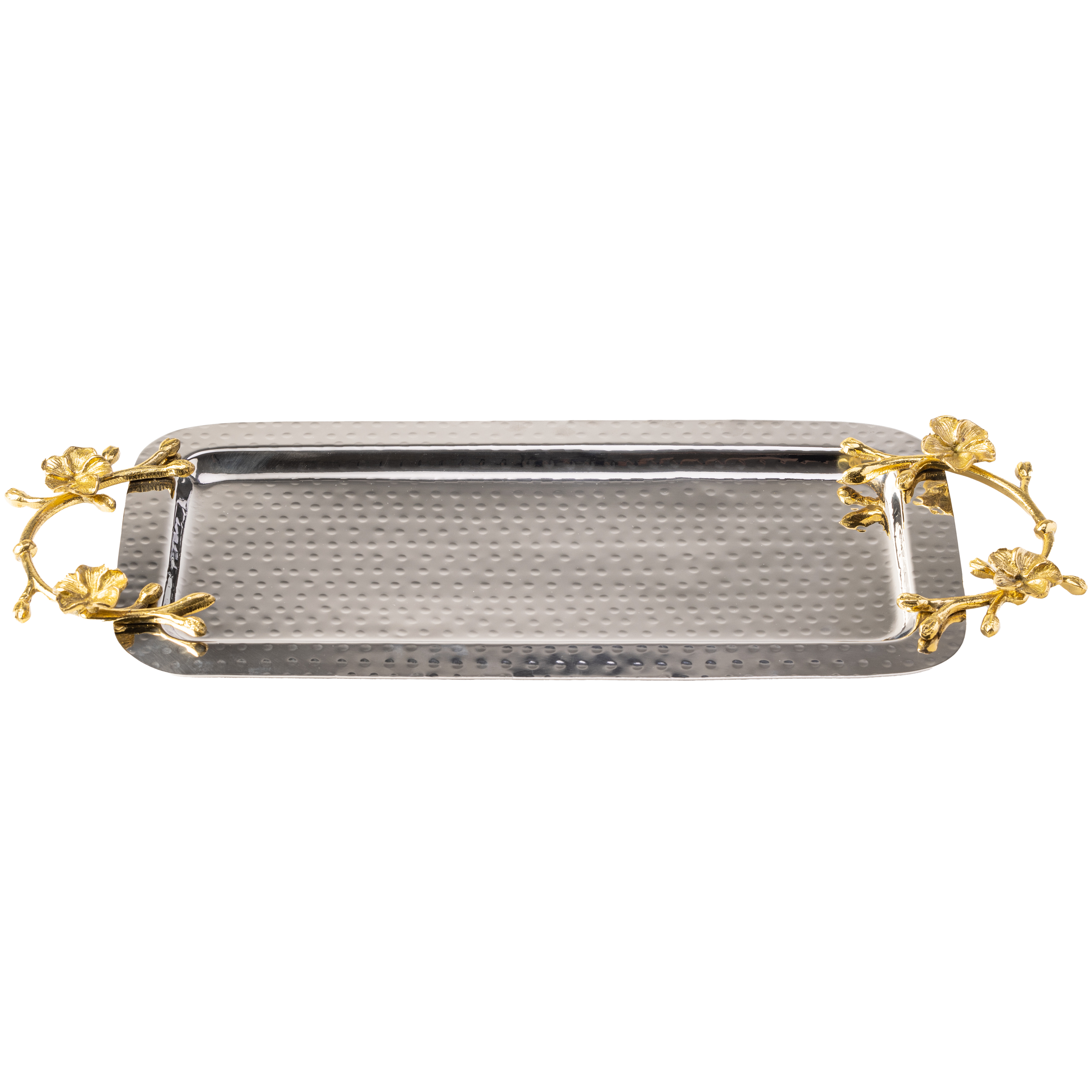 Hammered silver octagon tray with gold flower handle