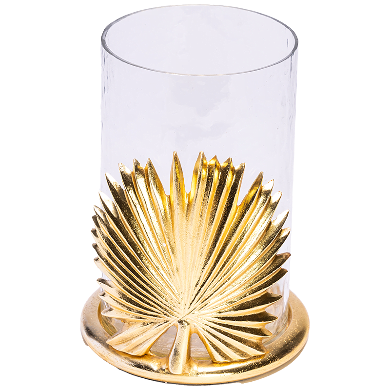 Palm Candle Holder in Gold with Glass.