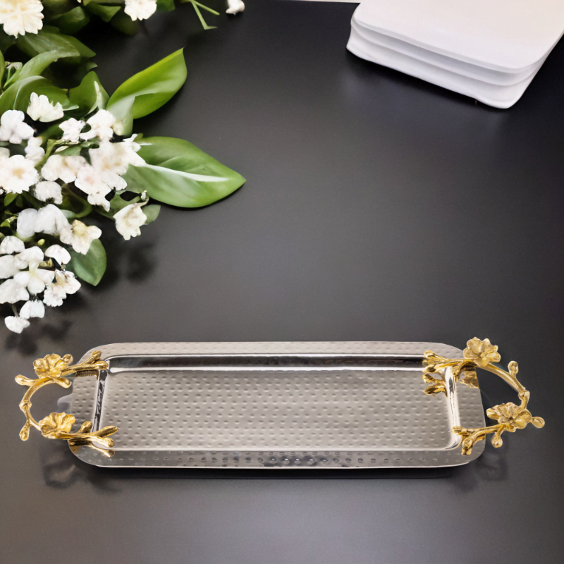 A Long Floral Tray with flowers on it.