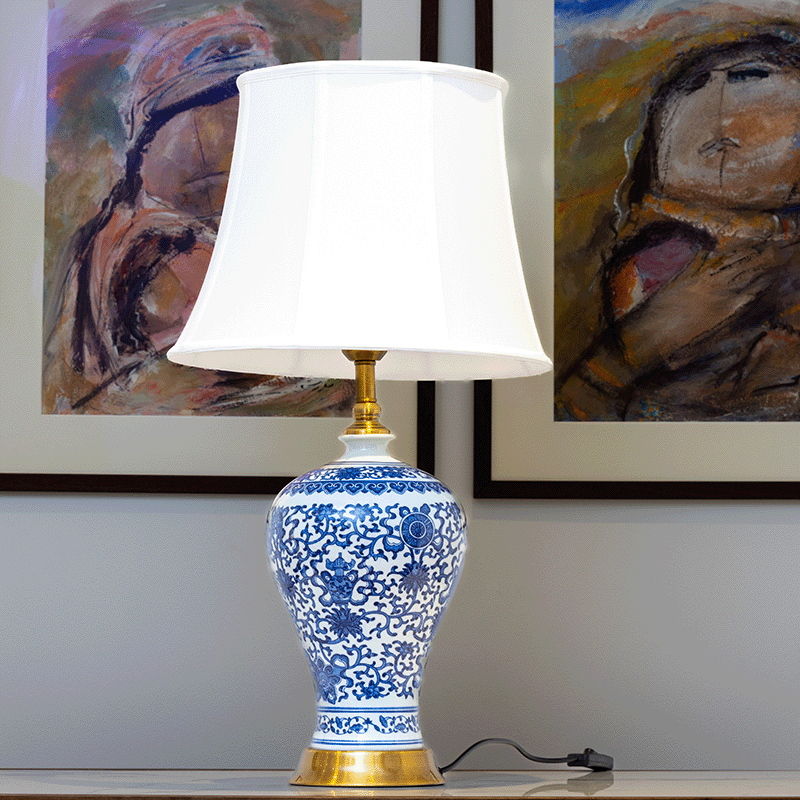 Blue Flower Lamp with white shade