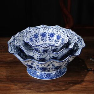 3 different sizes of hand painted round white and blue china set