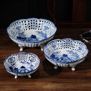3 round different sizes of a beautiful hand painted white and blue china set