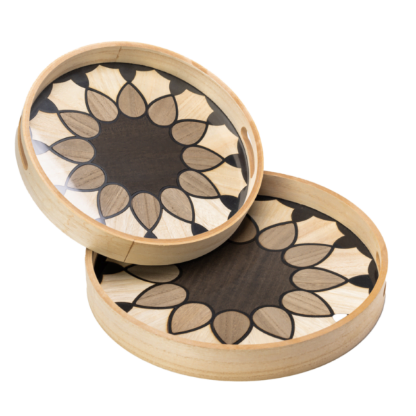 Two nested wooden serving trays with mosaic flower pattern