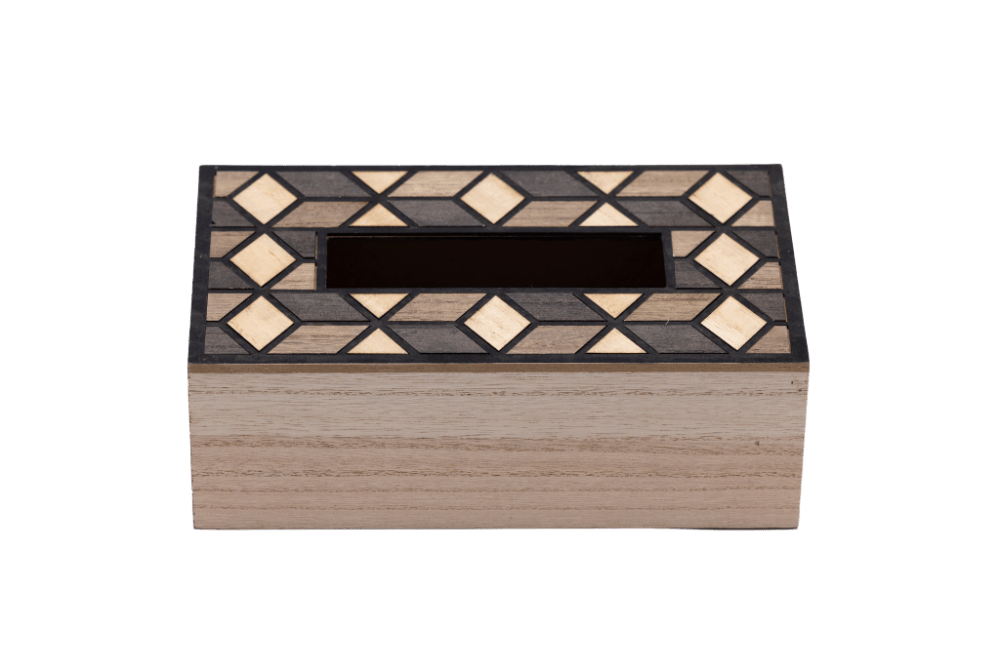 empty wooden tissue box with mosaic pattern design.