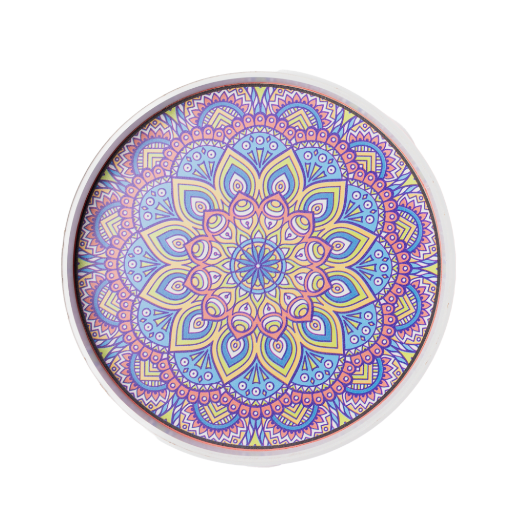 white decorative tray with vibrant colourful patterns.