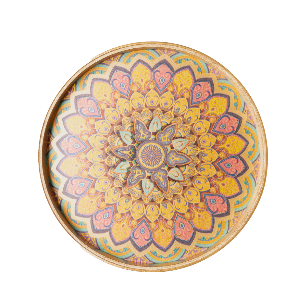 A vibrant gold decorative tray with an intricate and colourful design.