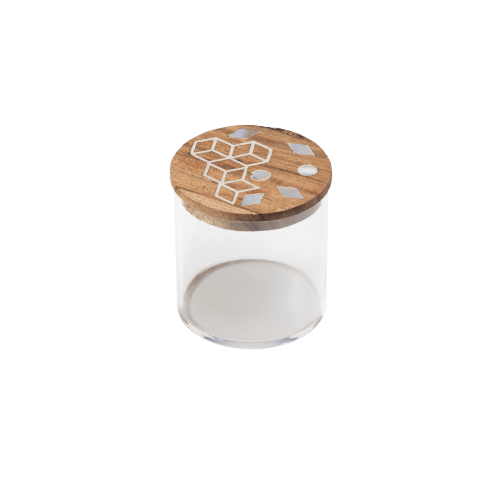 wood and acrylic canister with mother of pearl inlay.