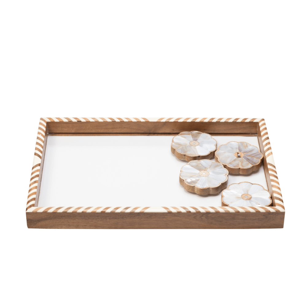 wooden tray with 4 matching coasters all adorned with mother of pearl inlay.