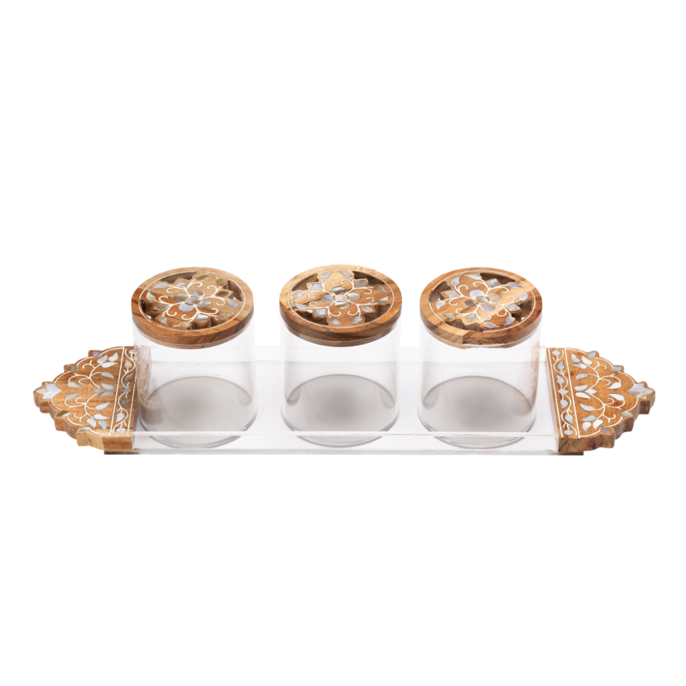 Wood Rectangle Tray Set, consists of a long acrylic and wood tay with gorgeous mother of pearl floral pattern, and 3 matching acrylic and wood canisters