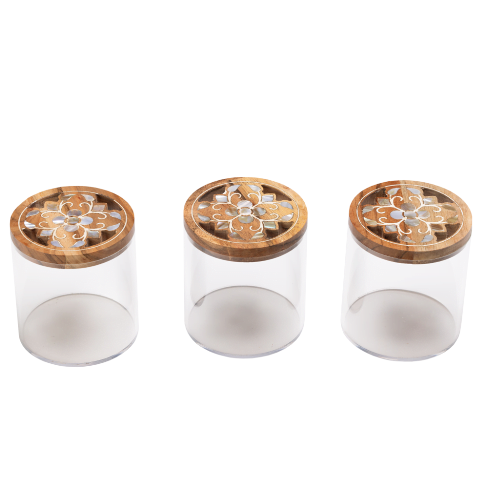 3 empty acrylic and wood canisters jars