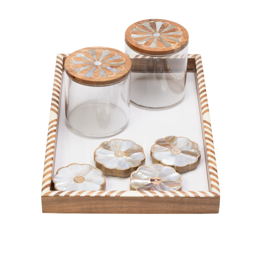 wooden tray with 4 coasters and 2 canisters all adorned with mother of pearl inlay.