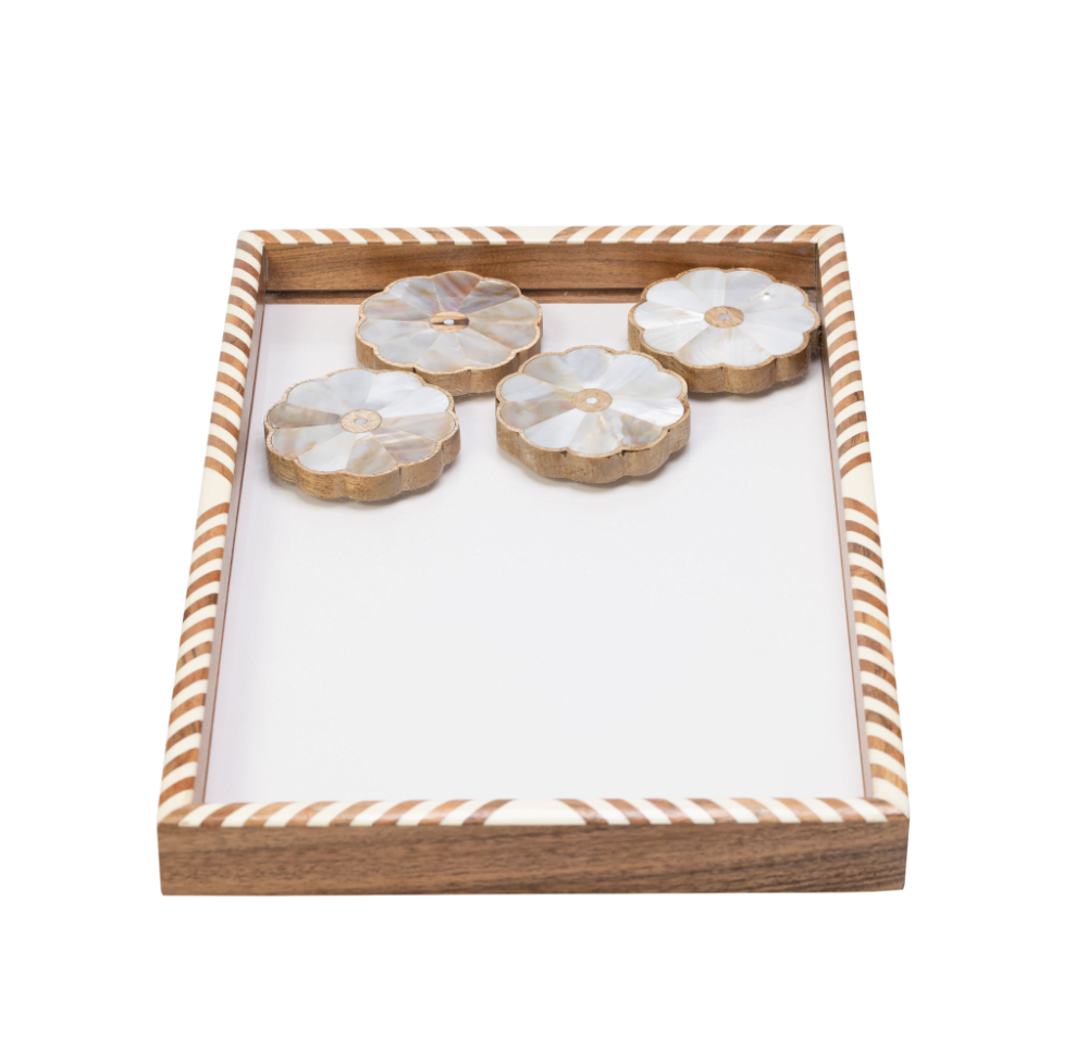 wooden tray with mother of pearl inlay.