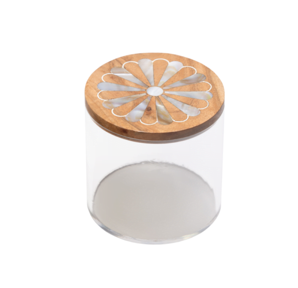 Acrylic and wood canister with mother of pearl inlay.
