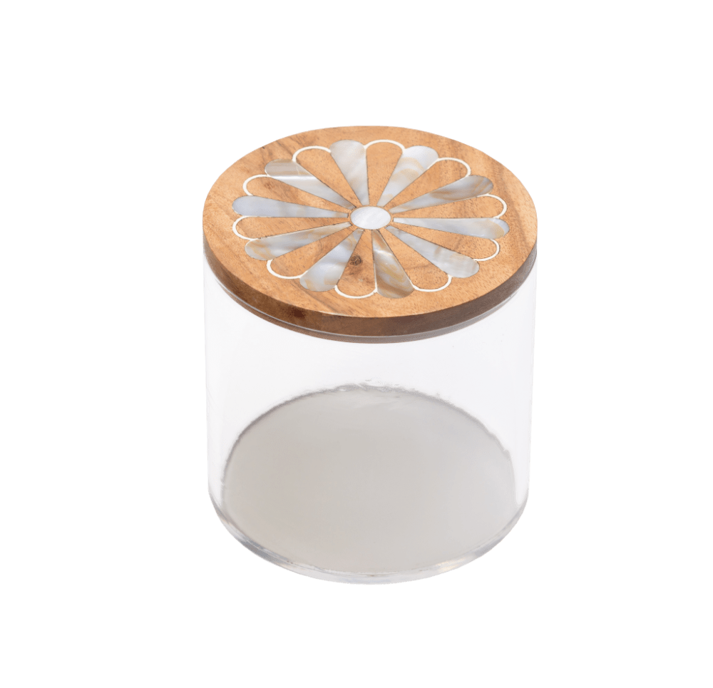 Acrylic and wood canister with mother of pearl inlay.