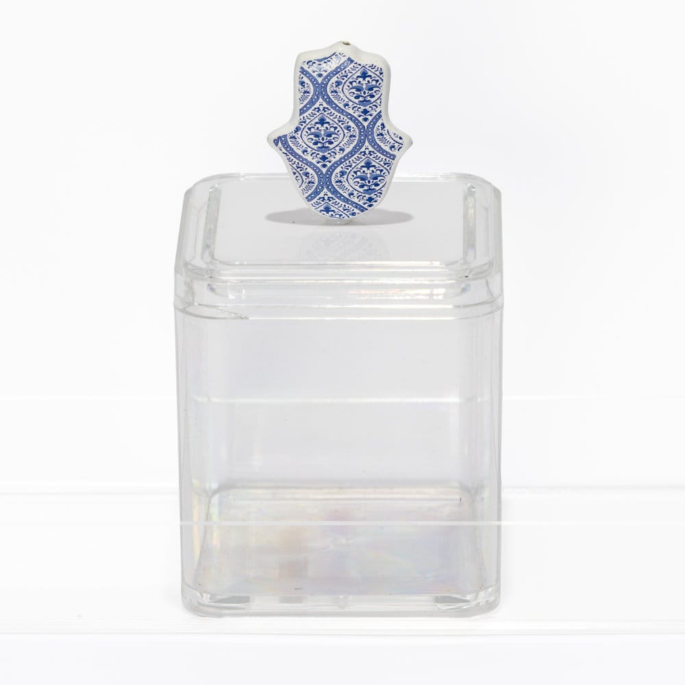 Hamsa Hand Handle blue and white ceramic Acrylic Box