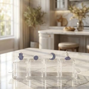Four-compartment clear acrylic storage set with blue and white ceramic lids featuring Hamsa, circle, crescent moon, and dome shapes
