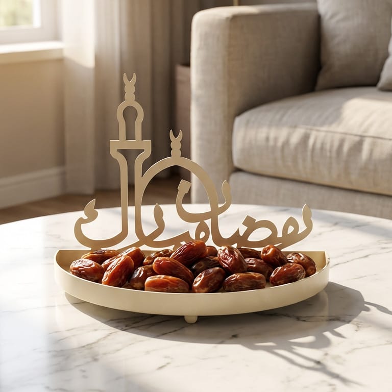 Soft cream crescent moon serving tray filled with dates, featuring raised Arabic Ramadan Mubarak calligraphy with mosque silhouette