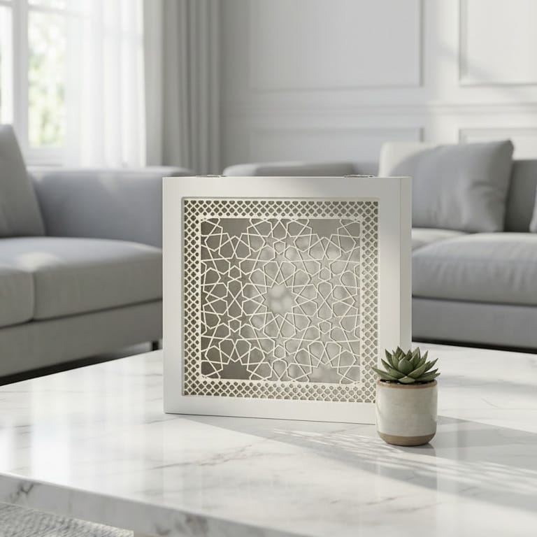 White square decorative box with intricate Islamic geometric arabesque cutout pattern displayed on wooden shelf with fern and books