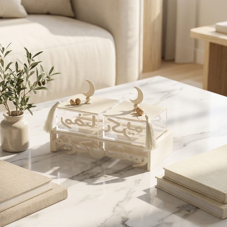 White and clear acrylic double compartment server with Arabic calligraphy, crescent moon handles with wooden beads and cream tassels